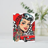 Retro Rockabilly Girl Comic Postkarte (Stehend Vorderseite)