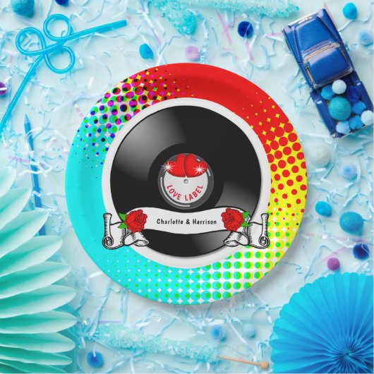 Retro Rockabilly Hearts & Rose Vinyl Record Style Pappteller (Party)