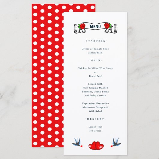 Retro Rockabilly Hearts Wedding Menükarte (Vorne/Hinten)