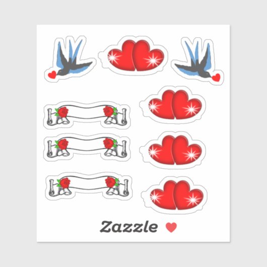 Retro Rockabilly Schwalben Herz & Rose Aufkleber (Blatt)