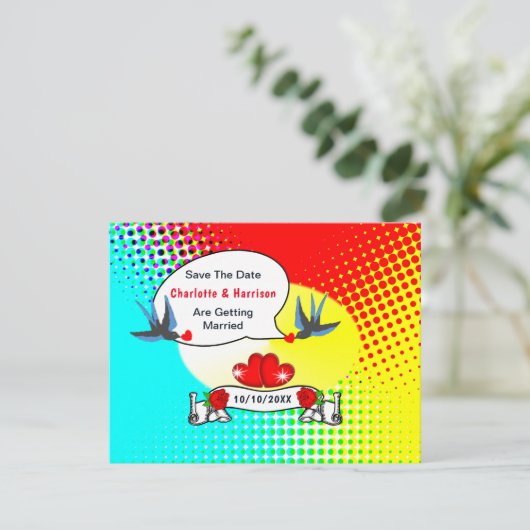 Retro Rockabilly Wedding Save The Date (Stehend Vorderseite)