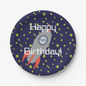 Retro Rocket Ship Happy Birthday Pappteller (Vorderseite)