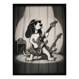 Retro Rockstar Basset Hound Gitarrist Monochrom Fotodruck