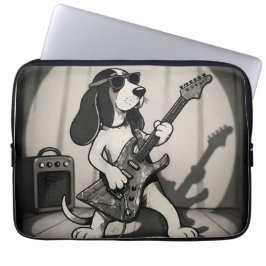Retro Rockstar Basset Hound Gitarrist Monochrom Laptopschutzhülle