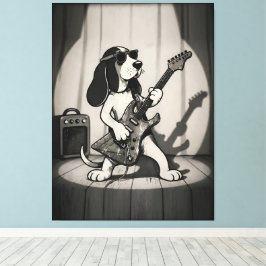 Retro Rockstar Basset Hound Gitarrist Monochrom Leinwanddruck