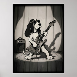 Retro Rockstar Basset Hound Gitarrist Monochrom Poster