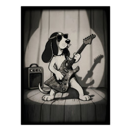 Retro Rockstar Basset Hound Gitarrist Monochrom Poster