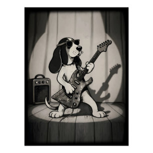 Retro Rockstar Basset Hound Gitarrist Monochrom Poster