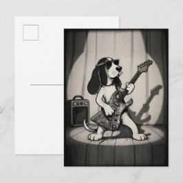 Retro Rockstar Basset Hound Gitarrist Monochrom Postkarte