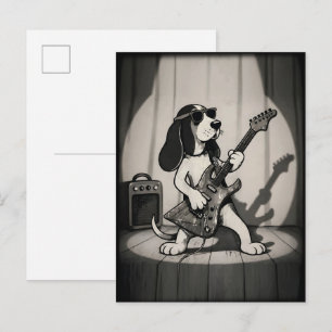 Retro Rockstar Basset Hound Gitarrist Monochrom Postkarte