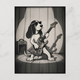 Retro Rockstar Basset Hound Gitarrist Monochrom Postkarte