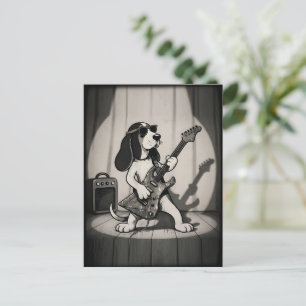 Retro Rockstar Basset Hound Gitarrist Monochrom Postkarte