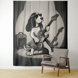 Retro Rockstar Basset Hound Gitarrist Monochrom Wandteppich