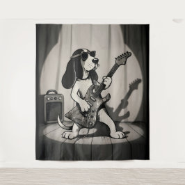 Retro Rockstar Basset Hound Gitarrist Monochrom Wandteppich