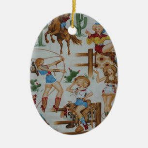 Retro Rodeo-Cowgirls-Weihnachtsweiße Keramikornament
