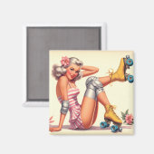 Retro Roller Girl Button Up Magnet (Vorderseite/Rückseite)