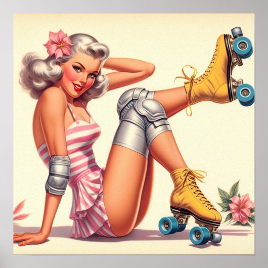 Retro Roller Girl Button Up Poster (Vorne)