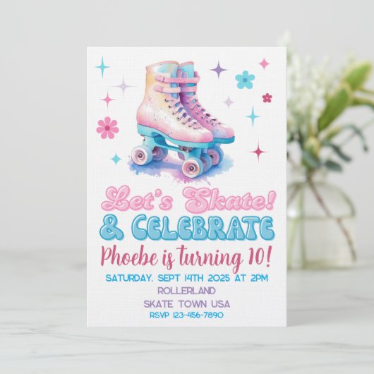 Retro Roller Skate Custom Birthday Invitation Einladung (Stehend Vorderseite)