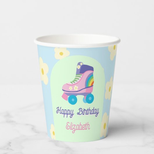 Retro Roller Skate Happy Birthday Daisy Pappbecher (Rückseite)