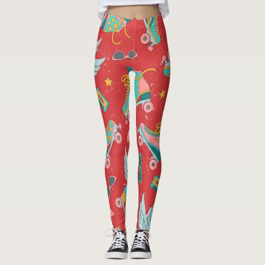 Retro Roller Skate: Hellroter Hintergrund Leggings (Vorderseite)
