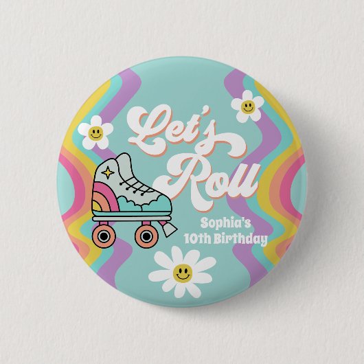 Retro Roller Skaten Rainbow Birthday Button (Vorderseite)