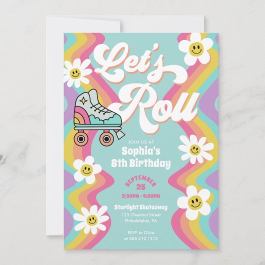 Retro Roller Skaten Rainbow Birthday Party Einladung (Vorderseite)