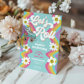 Retro Roller Skaten Rainbow Birthday Party Einladung