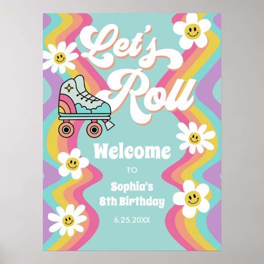 Retro Roller Skaten Rainbow Birthday Poster (Vorne)