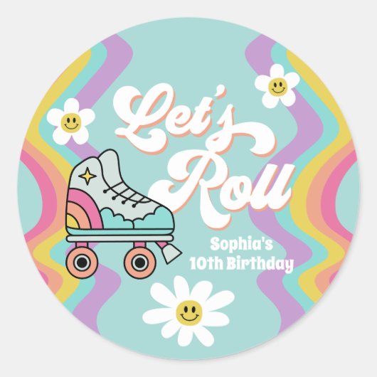 Retro Roller Skaten Rainbow Birthday Stickers (Vorderseite)