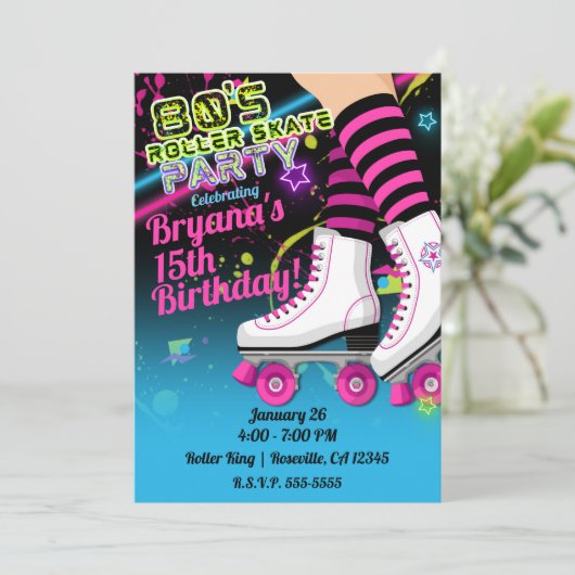 Retro Roller Skaten Skate Birthday Party Inv. Einladung (Stehend Vorderseite)