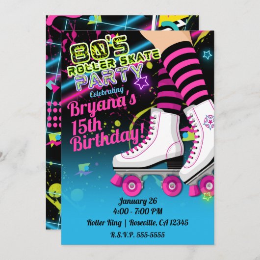 Retro Roller Skaten Skate Birthday Party Inv. Einladung (Vorne/Hinten)