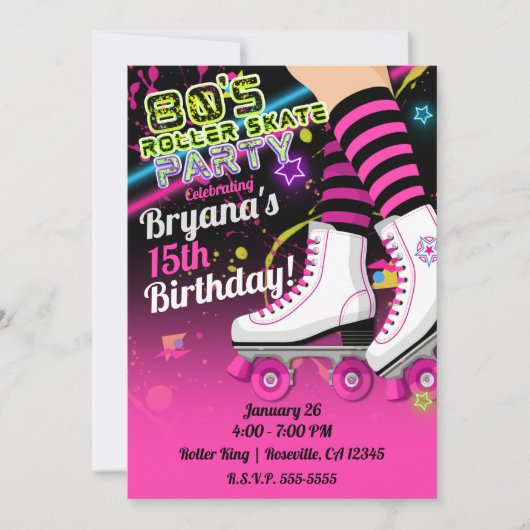 Retro Roller-Skaten-Skate, rosa Party Einladung (Vorderseite)