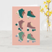 Retro Rollerskates Green Dusty Pink Karte (Gelbe Blume)