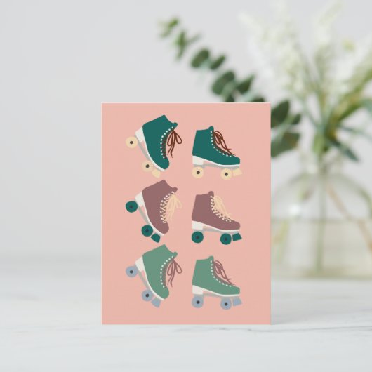 Retro Rollerskates Green Pink Postkarte (Stehend Vorderseite)