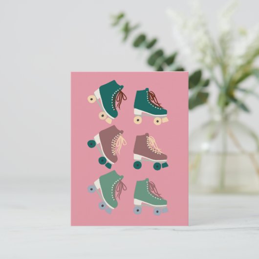 Retro Rollerskates Green Pink Postkarte (Stehend Vorderseite)