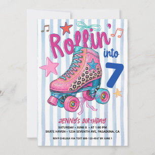 Retro-Rollschuh fahrendes Mädchen zum 7. Geburtsta Einladung
