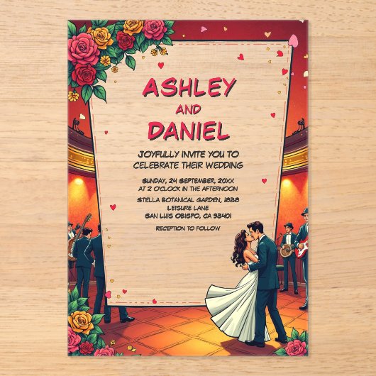 Retro Romantic Couple Comic Book Style Wedding Acryleinladungen (Vorderseite)