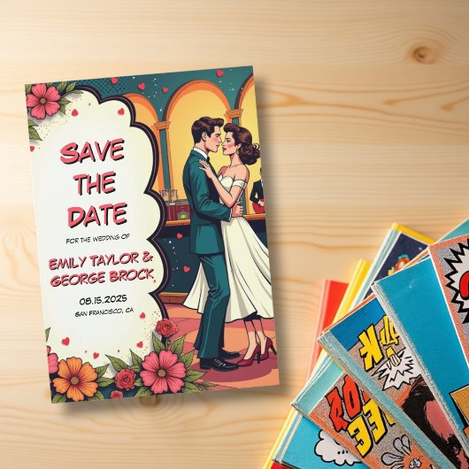 Retro Romantic Couple Dance Comic Style Wedding Save The Date