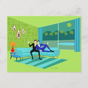 Retro Romantic Gay Couple Postcard Einladung