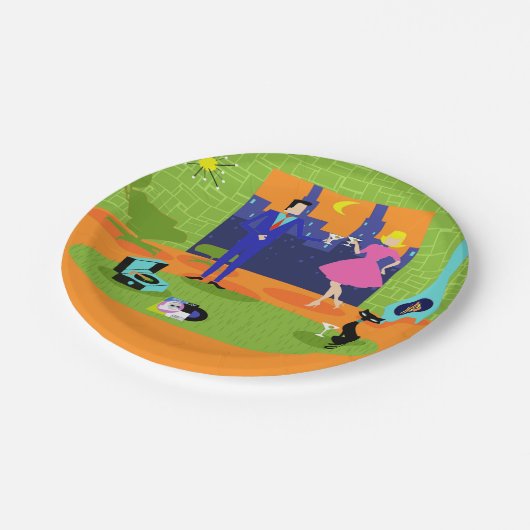 Retro romantische Abends-Paar-Papierplatte Pappteller (Schrägansicht)