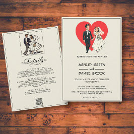Retro Romantische Braut und Comic Hochzeit Einladung
