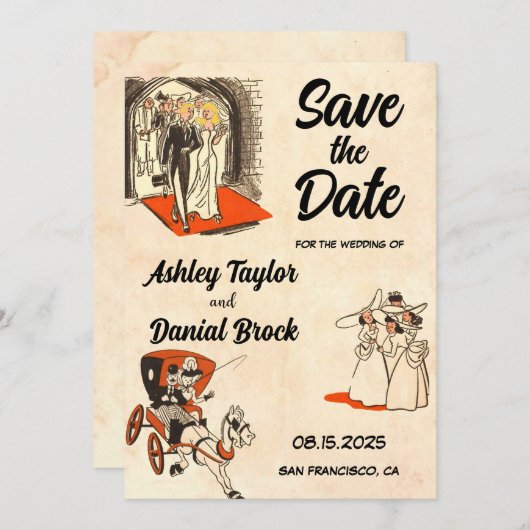 Retro Romantisches Comic Hochzeit speichern Sie da Einladung (Vorne/Hinten)