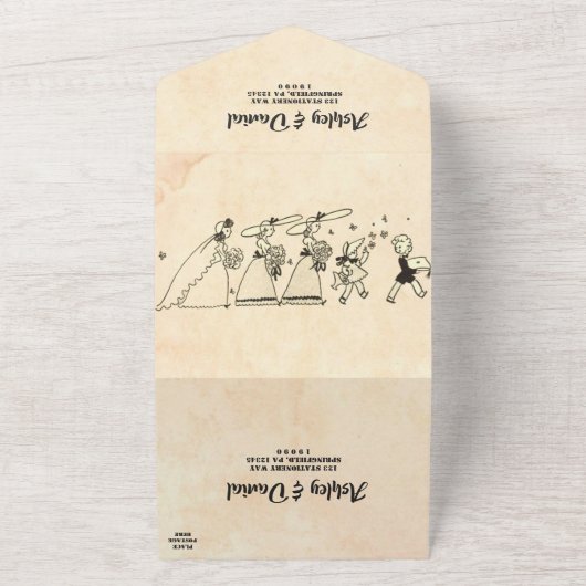 Retro Romantisches Couple Comic Themed Wedding All In One Einladung (Außenbereich)