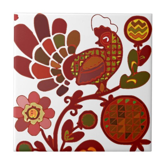 Retro Rooster 60er Mod Style Orange und Red Print Fliese (Vorderseite)