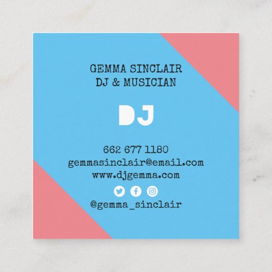 Retro rosa blauer, moderner Musik DJ Vinyl Musiker Quadratische Visitenkarte (Rückseite)