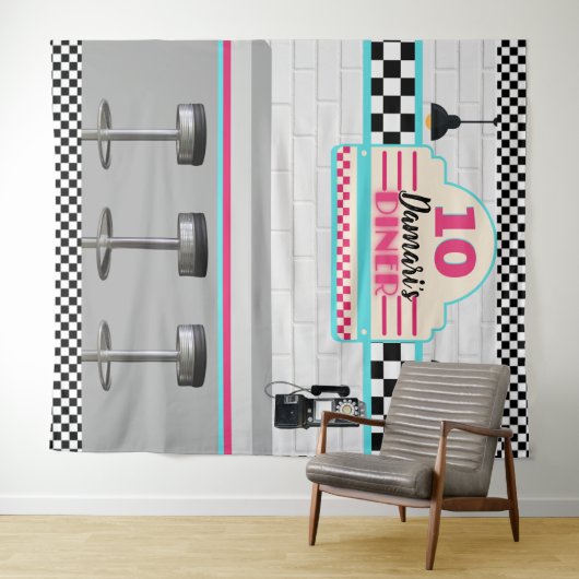 Retro Rosa & Blue Checkerboard Diner Background Wandteppich (Beispiel (Horizontal))