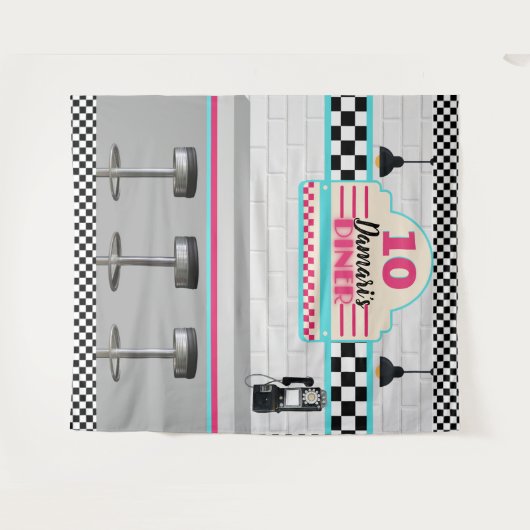 Retro Rosa & Blue Checkerboard Diner Background Wandteppich (Vorderseite (Horizontal))