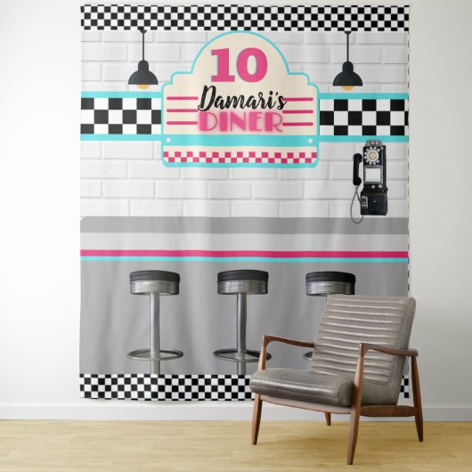 Retro Rosa & Blue Checkerboard Diner Background Wandteppich (Beispiel)