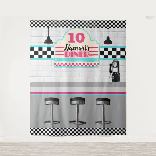 Retro Rosa & Blue Checkerboard Diner Background Wandteppich (Vorderseite)