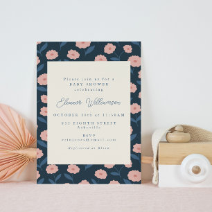 Retro Rosa Blumen Navy Modern Mädchen Baby-Party Einladung